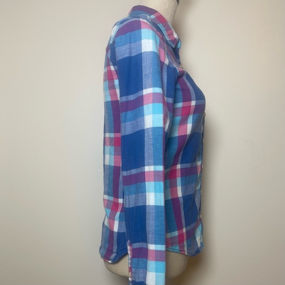 Hollister Women’s Plaid Button-Up Shirt Long Sleeve Blue Pink Purple size small - Picture 2 of 10